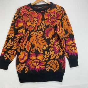 VTG IB Diffusion Floral Knit Sweater Orange Pink Black Women's Size P Fall Winte